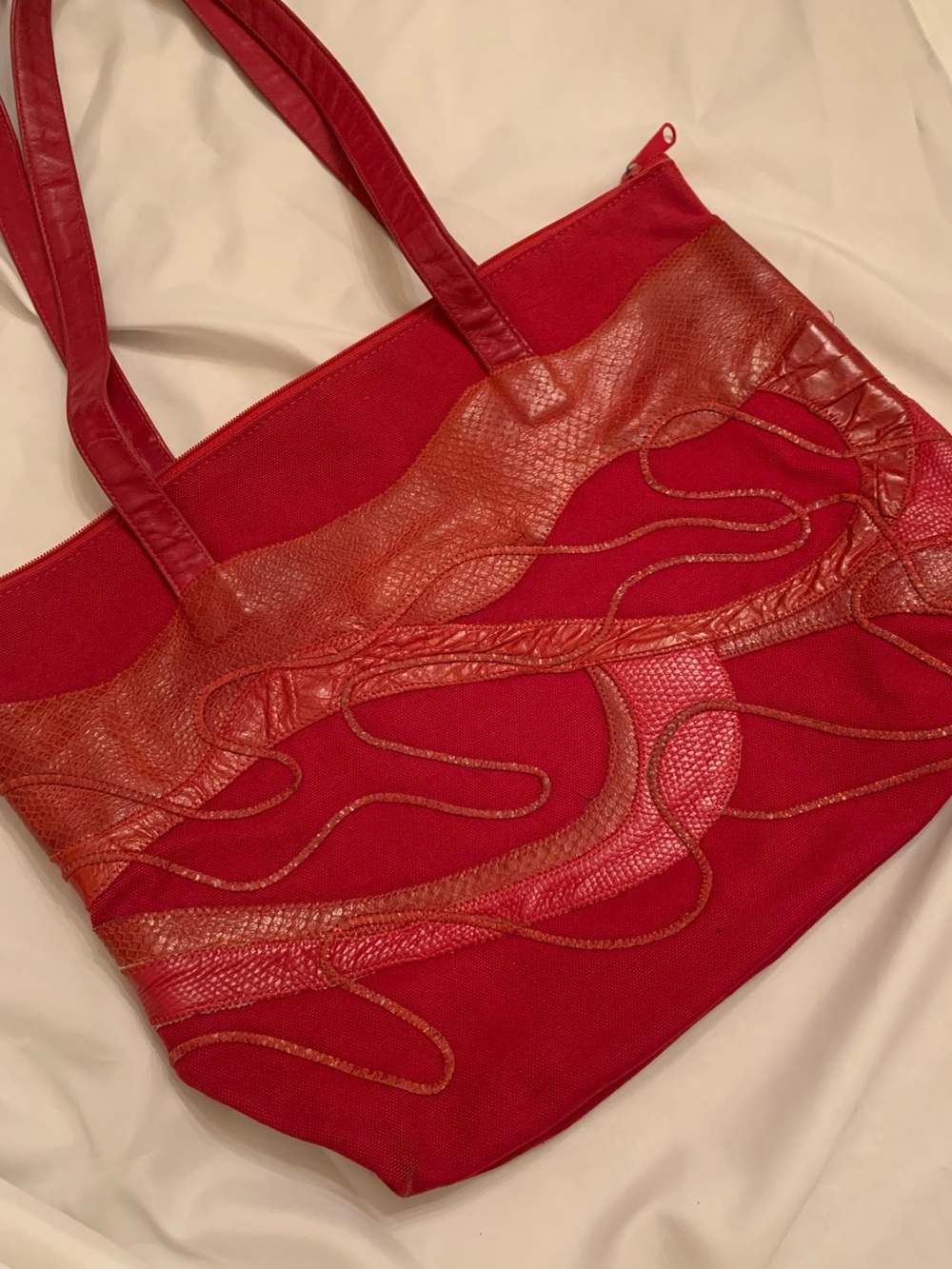 Carlos Falchi Vintage Red Tote Bag with Leather Overlay